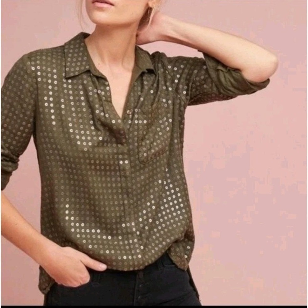 Anthropologie Maeve Women's L Arwa Olive Green‎ Sequin Button Up Shirt Blouse